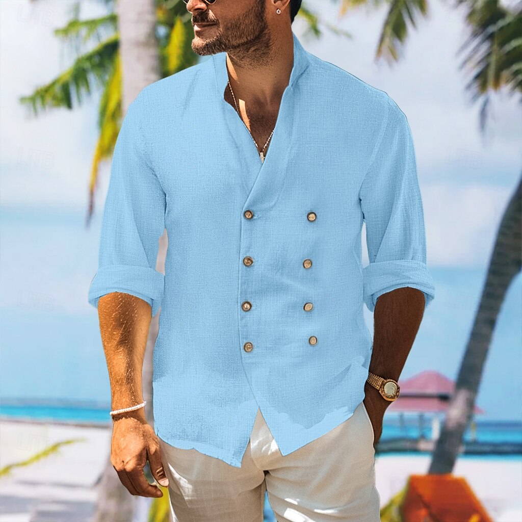 Hombre Camisa camisa de lino Camisa con cuello mao Camisa de verano Ropa de playa Abotonar la camisa Plano Vacaciones Maldición Negro Blanco Azul Piscina Manga Larga Cuello alto Primavera verano Ropa 2025 - $26.99 –P1