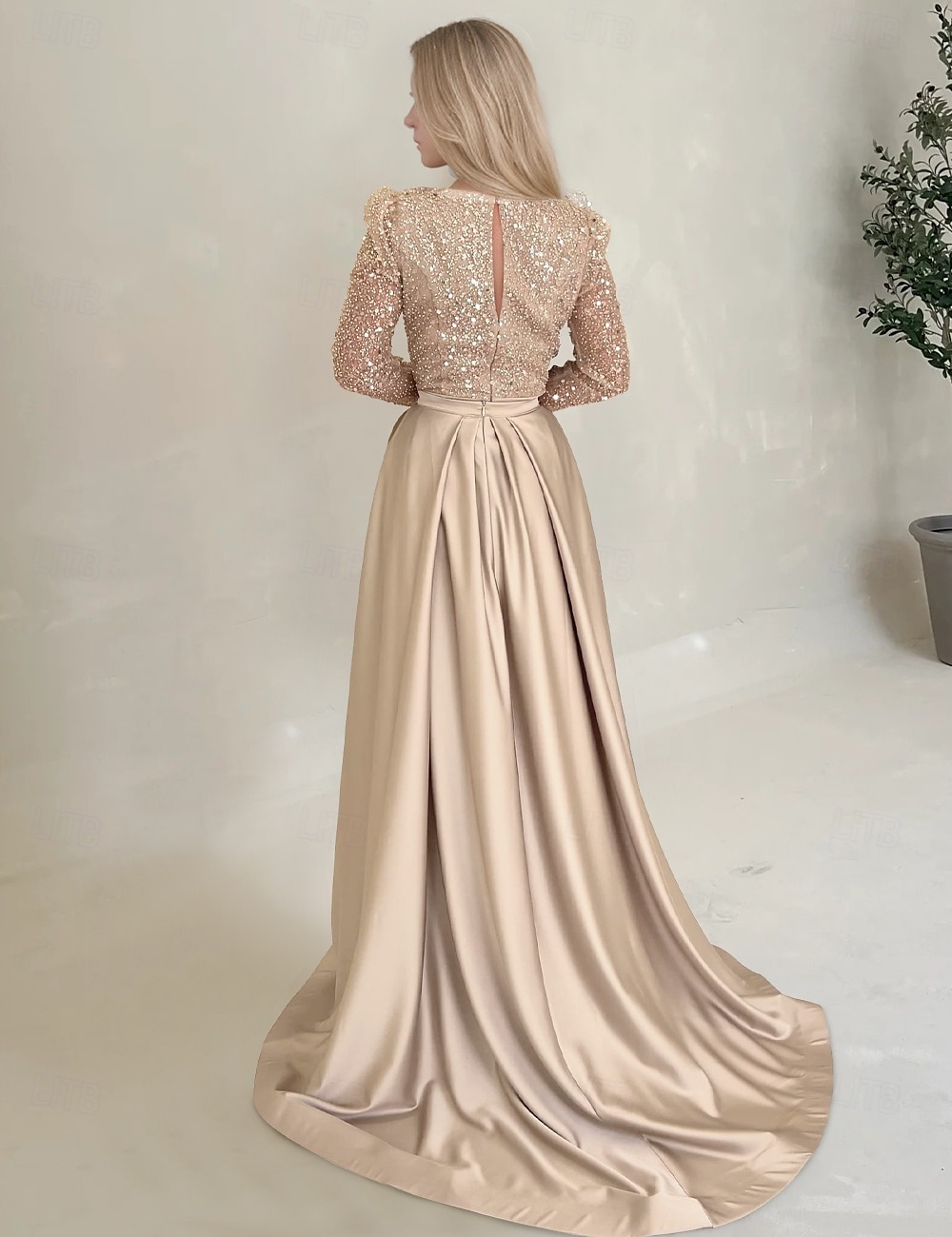 Meerjungfrau Abendkleid Elegantes Kleid Formelles Bodenk Länge Langarm Illusion-Ausschnitt Champagner Mutter der Braut Kleid Pailletten mit Perlen Überrock 2025 2025 - $230.99 –P2