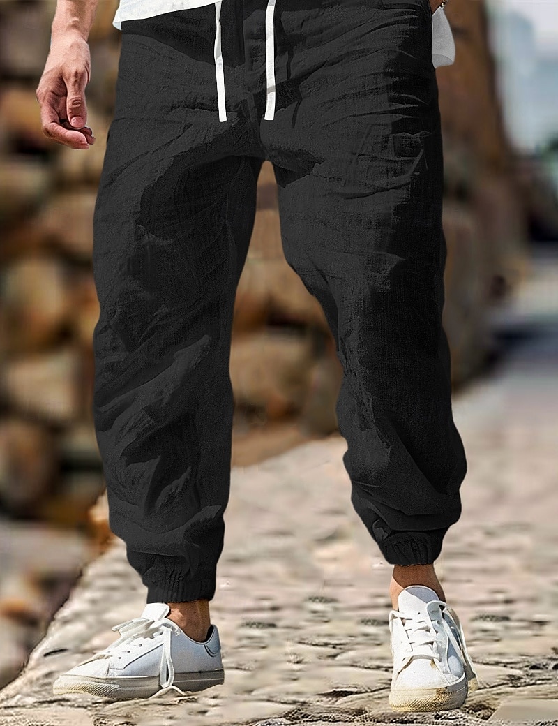 Men's Linen Pants Trousers Summer Pants Elastic Waist Straight Leg High Rise Solid Color Comfort Breathable Full Length Outdoor Home Casual Vacation Fashion Gray Green Black High Waist Inelastic 2025 - $27.99 –P9