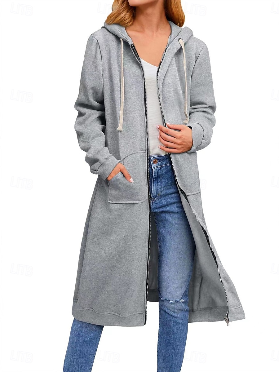 Per donna Giacca con cappuccio Esterno Strada Da tutti i giorni Autunno Inverno Lungo Cappotto Standard Tenere al caldo Traspirante Informale Giacca Manica lunga Tinta unica Con tasche Zip intera del 2025 a $41.99 –P1