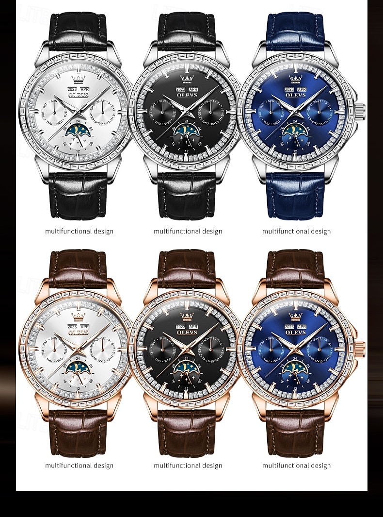 OLEVS Men Mechanical Watch Fashion Business Wristwatch Automatic Self-winding Moon phase Luminous Perpetual Calendar Steel Leather Watch 2025 - $147.99 –P16