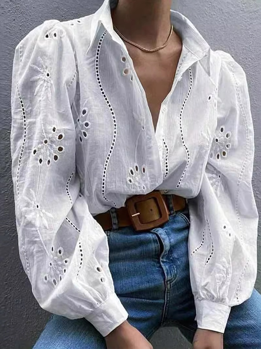 Top Elegante in Pizzo Bianco da Donna con Occhielli Blusa Casual Monocromatica in Pizzo Maniche Lanternina Maniche Lunghe Top Classici Collo Camicia Quotidiano Romantica Petite Estate Vacanze Bianco del 2025 a $39.99 –P1