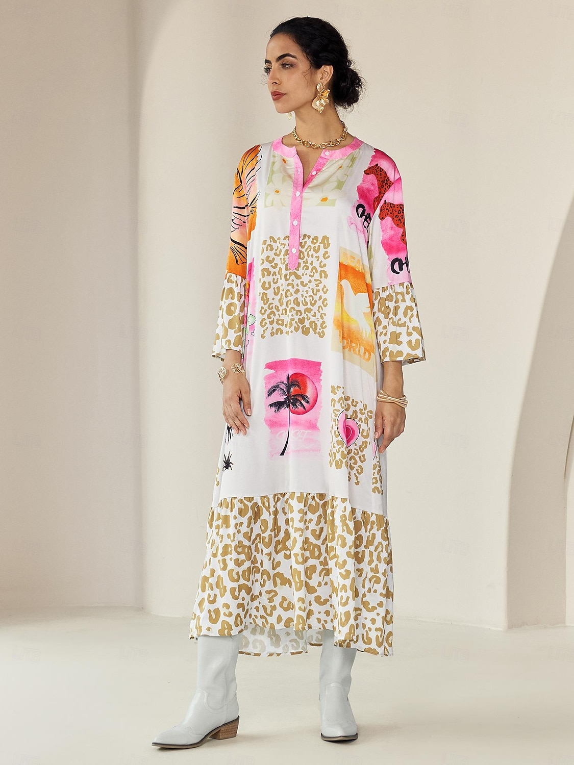 Robe longue décontractée à col ras du cou et à boutons en satin imprimé léopard de 2025 ? $68.99 –P9