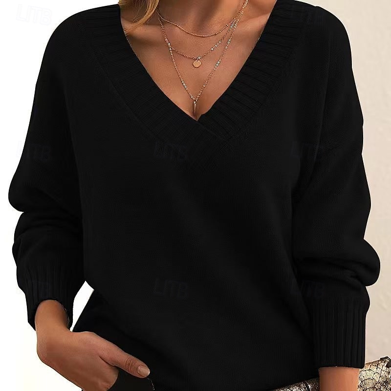 Femme Pull Chandail Pull décontracté Mode Vêtement de rue mode Couleur unie Col V Col en V manche longue Hauts réguliers Tricoter Travail Noir Blanche Automne Hiver de 2025 ? $45.99 –P6