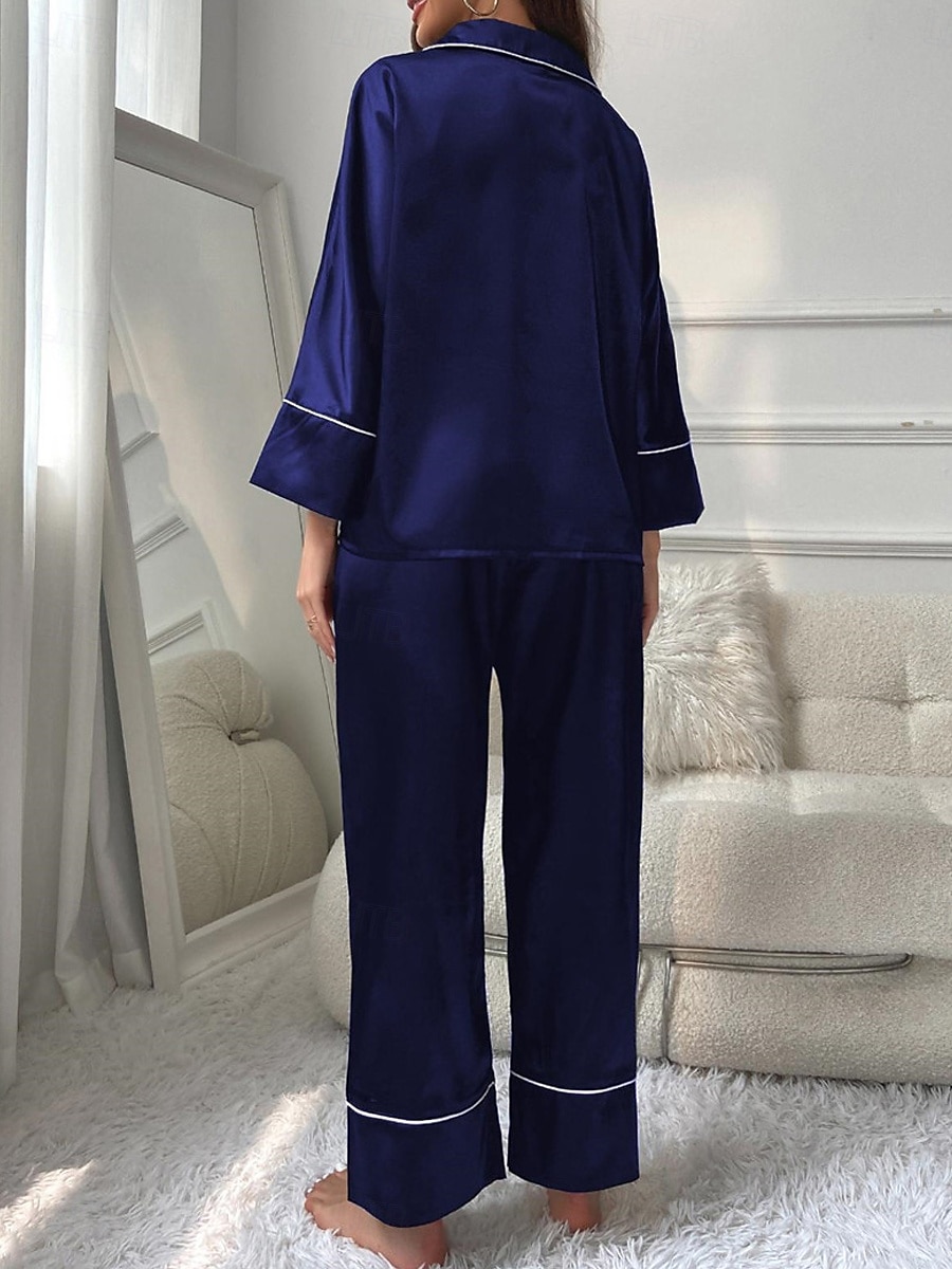 dames pyjama sets pure kleur mode comfort thuis dagelijks bed imitatie zijde zijde ademend revers lange mouw shirt broek knoop zak herfst thuis outfits 2025 - $27.99 –P2