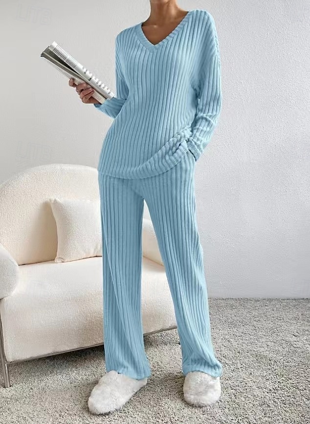 Women's Loungewear Pajama Set Simple Home V Neck Long Sleeve Pullover Pant Spring Fall Black Blue Home Outfits 2025 - $33.99 –P10