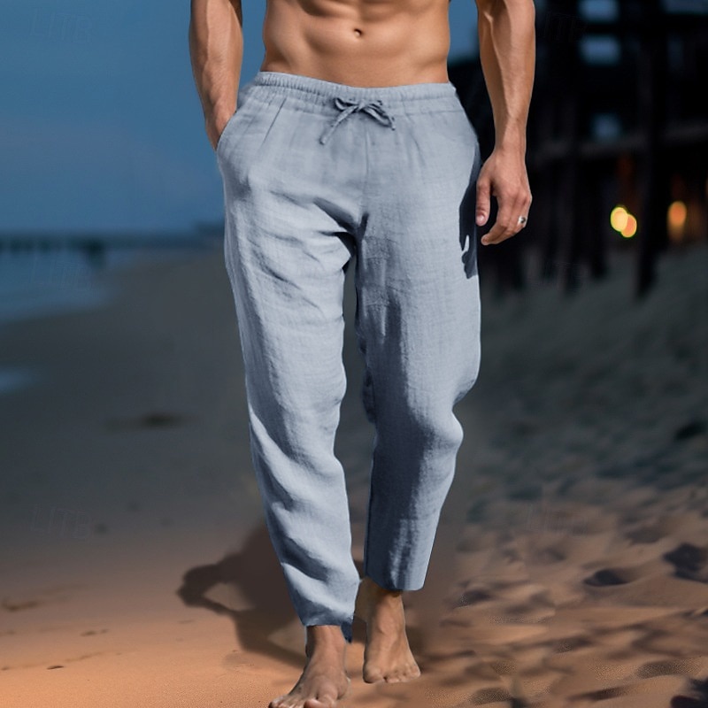 Men's Linen Pants Trousers Summer Pants Beach Pants Pocket Drawstring Elastic Waist Plain Comfort Soft Daily Weekend Streetwear Casual Black White Micro-elastic 2025 - $21.99 –P9