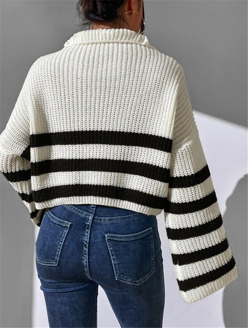 Pentru femei Pulover pulover Birou Casual Dungi Guler Pe Gât Fermoar Manșon Lung Topuri obișnuite Tricotat Zilnic Negru Alb Toamnă Iarnă 2025 - $44.99 –P2