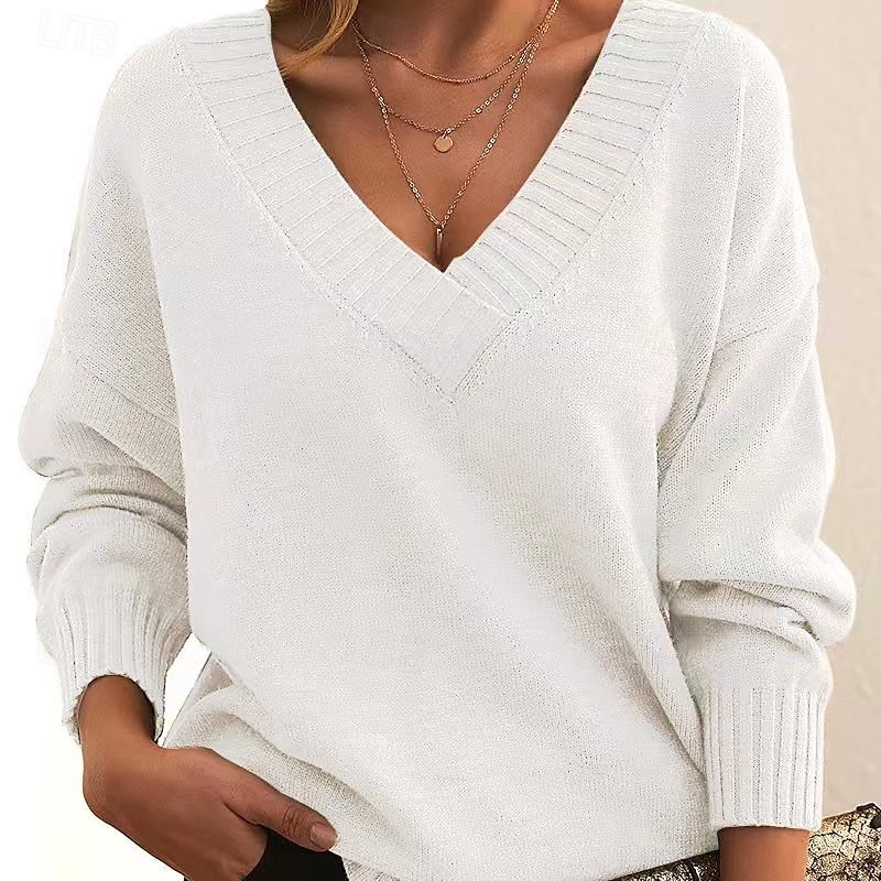 Femme Pull Chandail Pull décontracté Mode Vêtement de rue mode Couleur unie Col V Col en V manche longue Hauts réguliers Tricoter Travail Noir Blanche Automne Hiver de 2025 ? $45.99 –P1