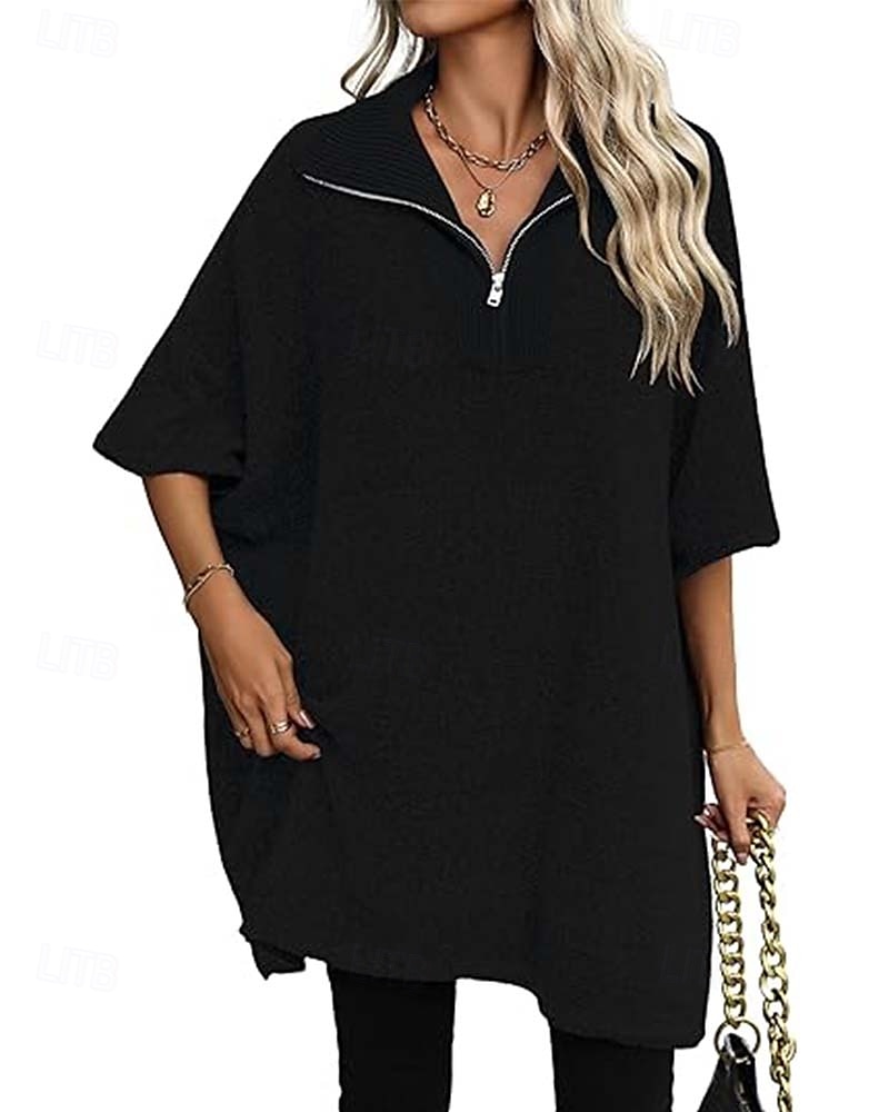 Damen Pullover Brautkleider schlicht Feste Farbe Troyer Halber Reißverschluss Zip Halbe Ärmel Lange Oberteile Stricken Täglich Schwarz Beige Herbst Winter 2025 - $61.99 –P8