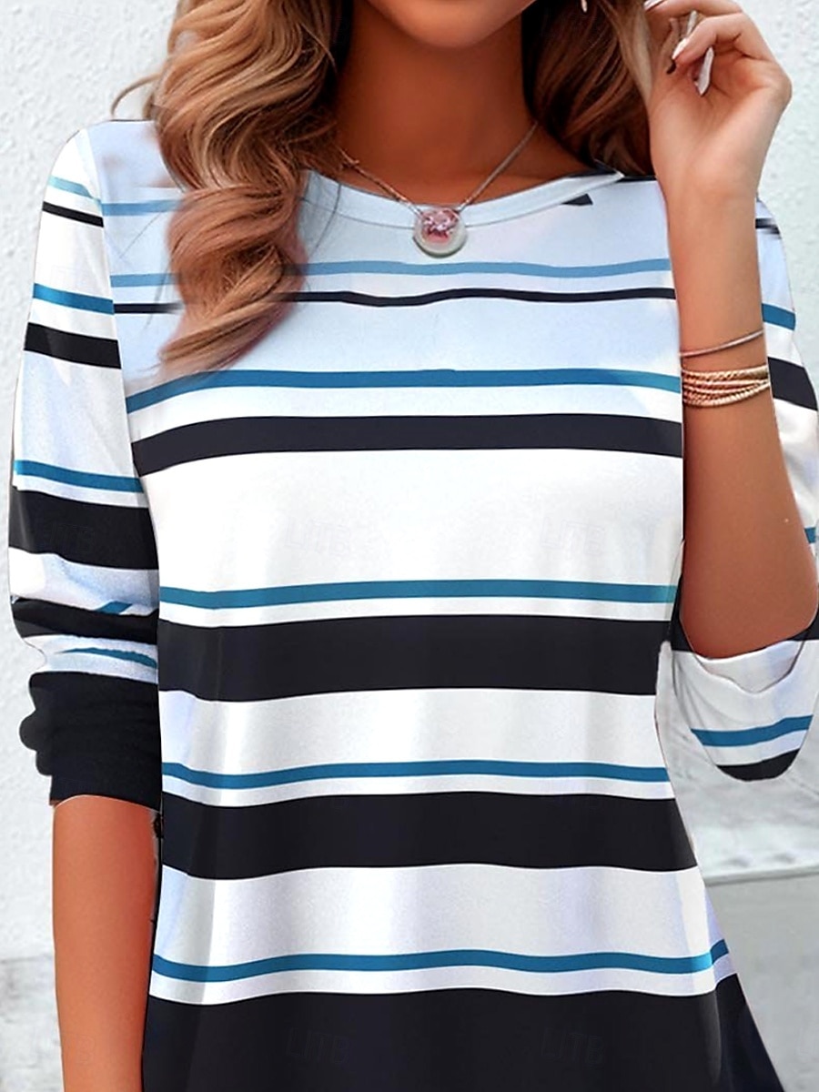 Camiseta de mujer con estampado casual, manga larga, cuello redondo, uso diario, azul, primavera y otoño 2025 - $22.99 –P3