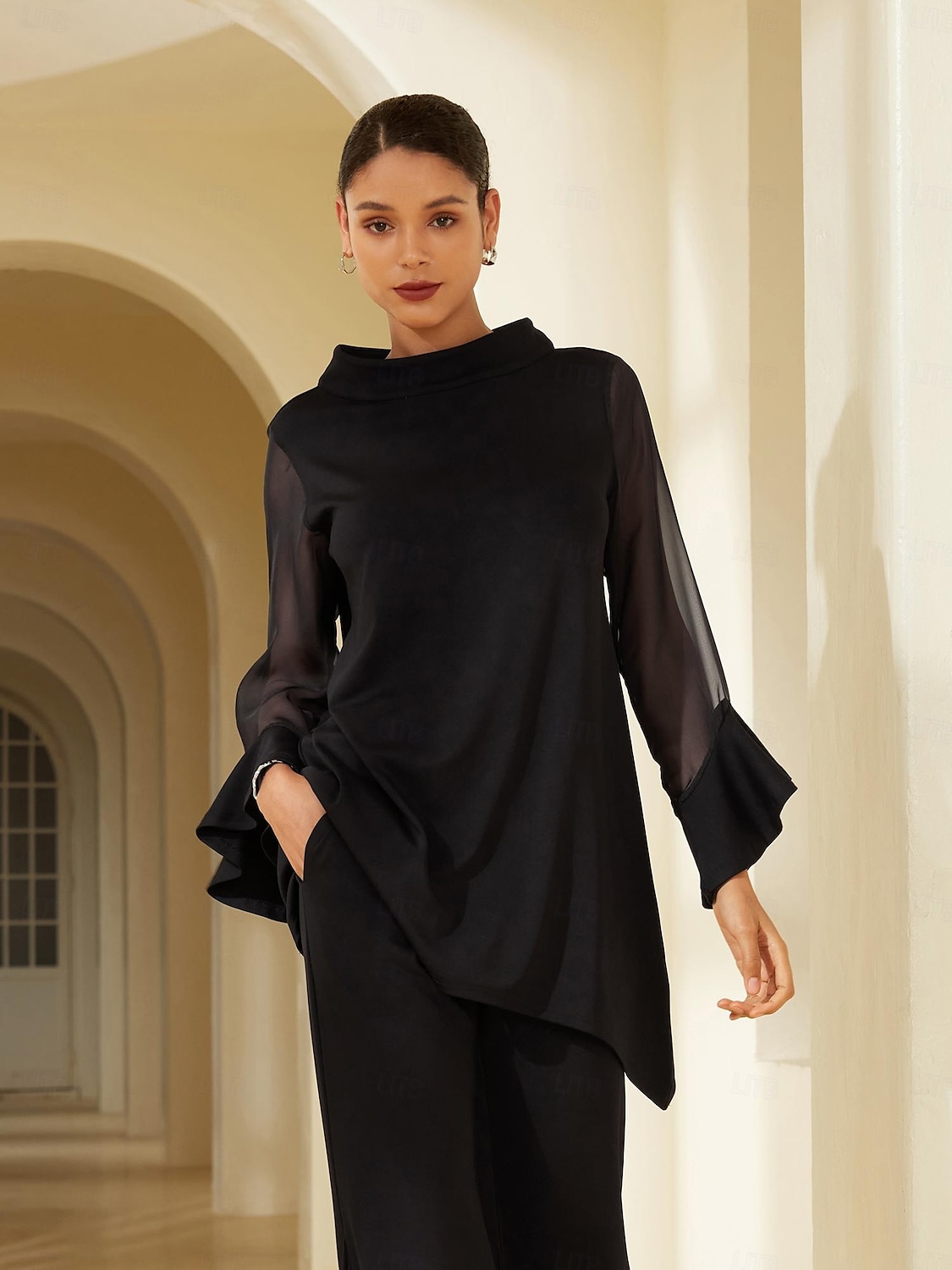 Damenbluse für Hochzeitsgäste, Partys, schwarz, hoher Halsausschnitt, Chiffon, Modal, Patchwork, ausgestellte Manschetten, schmale Passform, elastisch, elegant, lässig, Bürokleidung 2025 - $52.99 –P5