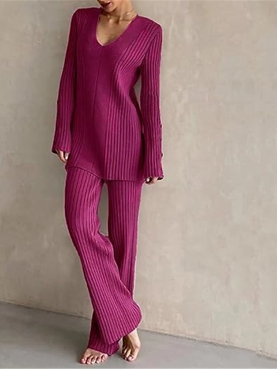 pyjamasset för kvinnor ren färg mode grundläggande komfort hem daglig säng stickad andas v wire långärmad tröja byxknapp resår midja höst vinter hem outfits 2025 - $52.99 –P4
