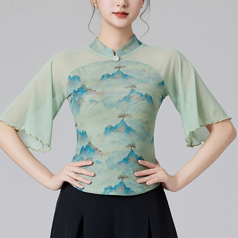 Latinské tance Vrchní deska Barevně dělené Tyl Dámské Výkon Trénink Poloviční rukáv Vysoký Polyester 2025 - $29.99 –P2