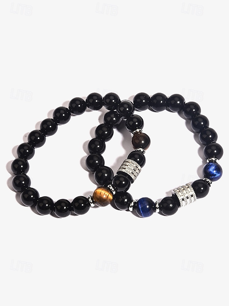 bracciale da uomo con perline in pietra naturale e acciaio inossidabile - occhio di tigre e onice nero - accessorio elegante e resistente del 2025 a $11.99 –P2
