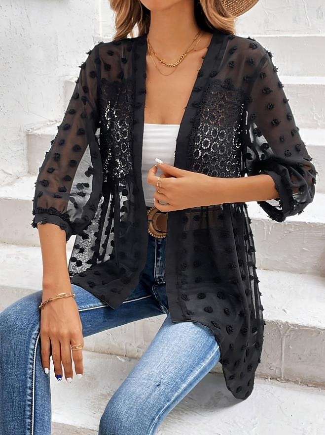 Women's Shirt Elegant Ladies Solid Color Eyelet Asymmetric Hem Long Sleeve V Neck Daily Black White Spring Fall Winter 2025 - $38.99 –P5