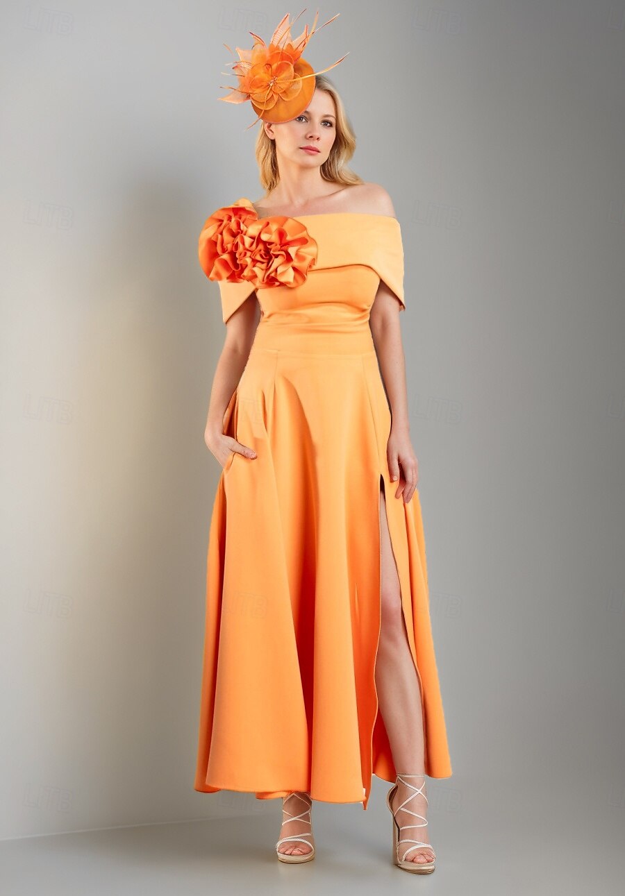 ts a-line madre della sposa abito elegante semplice spalle scoperte lunghezza tè raso elasticizzato manica corta con pieghe fiore 2025 taglia personalizzata gratuita del 2025 a $161.99 –P1