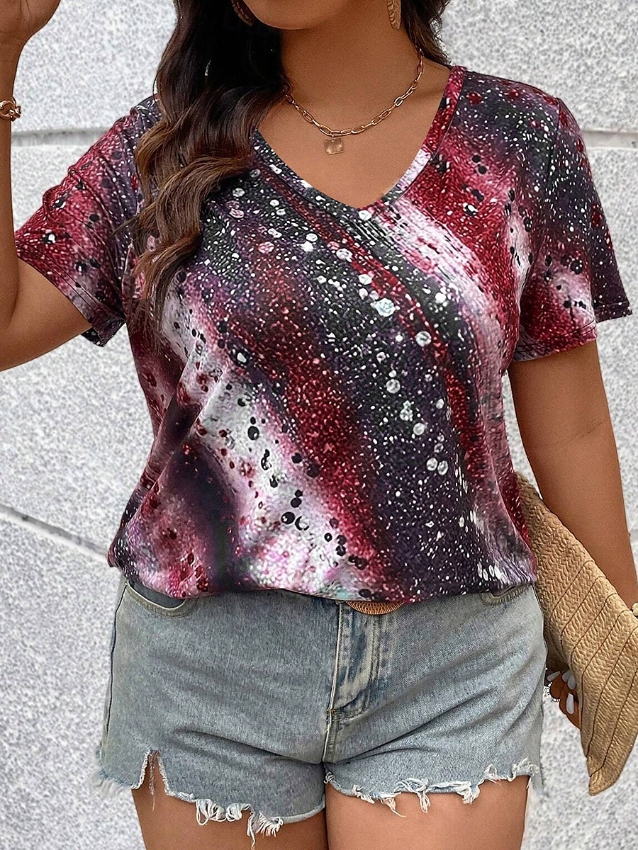 t-shirt femme décontracté imprimé manches courtes hauts réguliers col en V quotidien rouge bleu violet vert printemps automne de 2025 ? $19.99 –P3