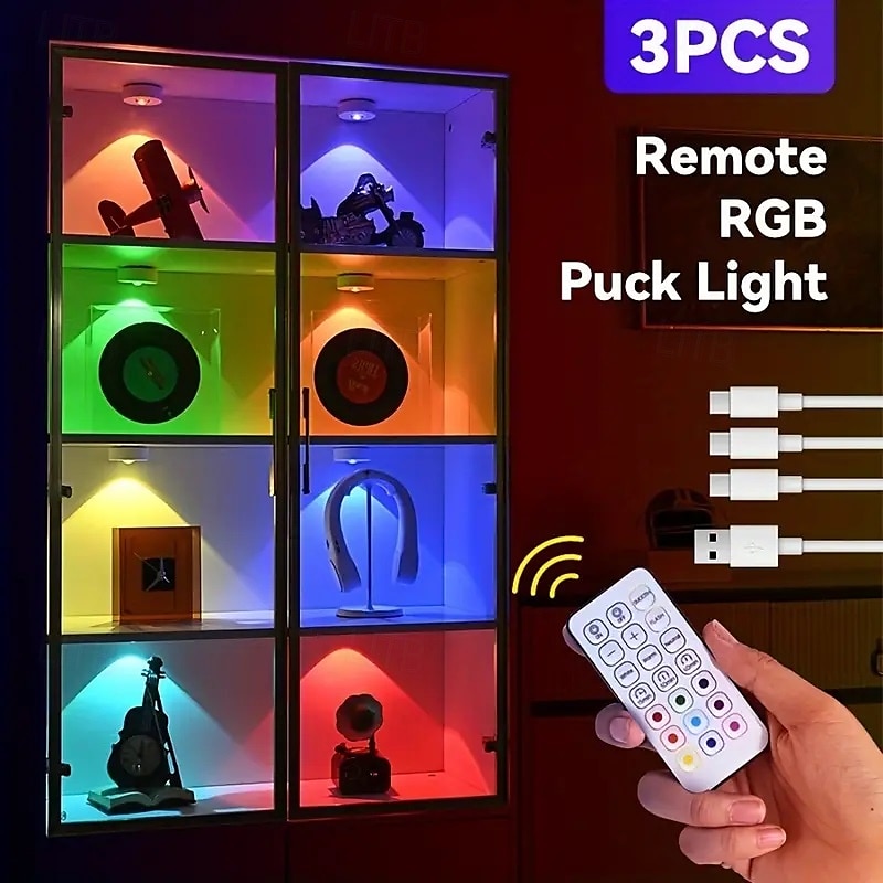 Rechargeable Magnetic RGB LED Cabinet Light with Remote Control Picture Light 12 Color Options Indoor Light for Cabinets and Display Cases USB Rechargeable Xmas Halloween Home Decorative Lamp 1/3Pcs 2025 - $14.49 –P2