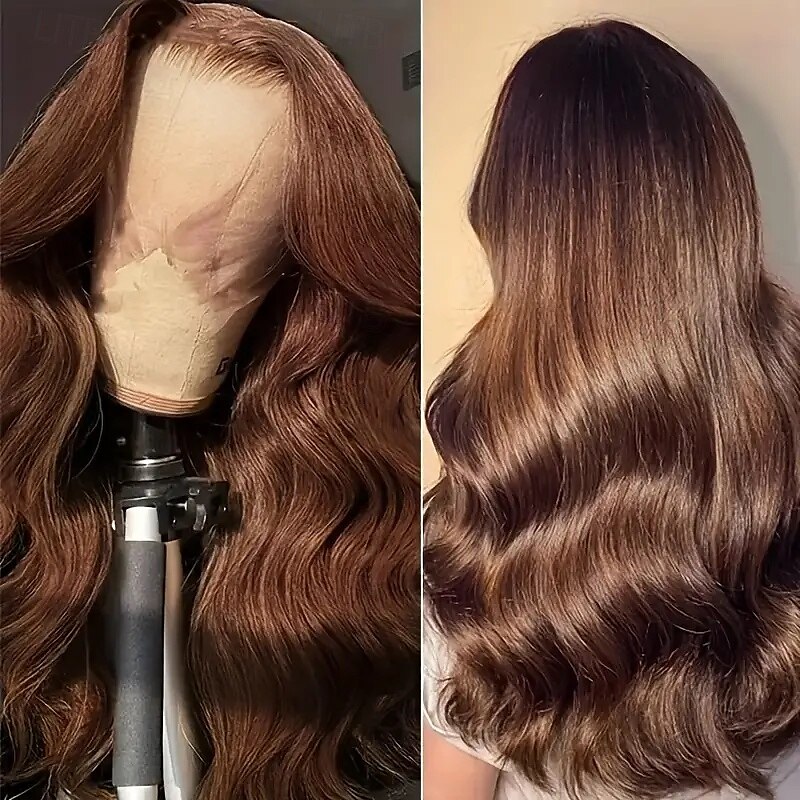 Perruque en dentelle 360 cheveux humains brun clair 4# perruque en dentelle ondulée 150% densité 12-30 pouces de 2025 ? $166.99 –P1