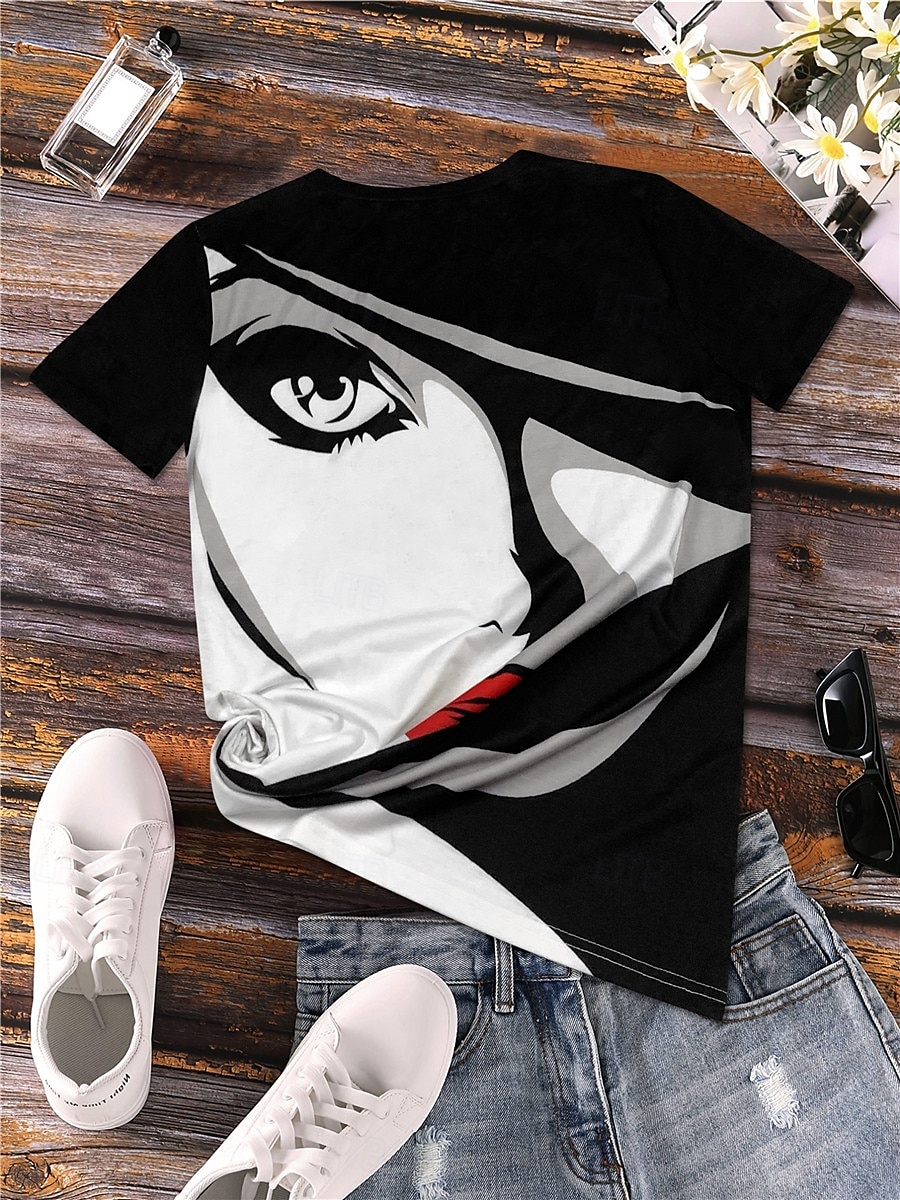 Dames T-shirt Abstract Casual Korte mouw Ronde hals Normale tops Dagelijks Afdrukken Zwart Zomer 2025 - $22.99 –P2