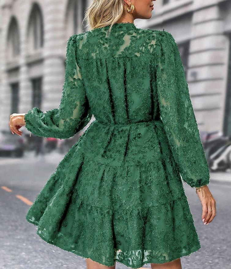 Per donna Abito semplice Vestito longuette Pizzo Pulsante Vintage Informale Colletto Manica lunga Nero Bianco Verde Colore del 2025 a $41.99 –P14