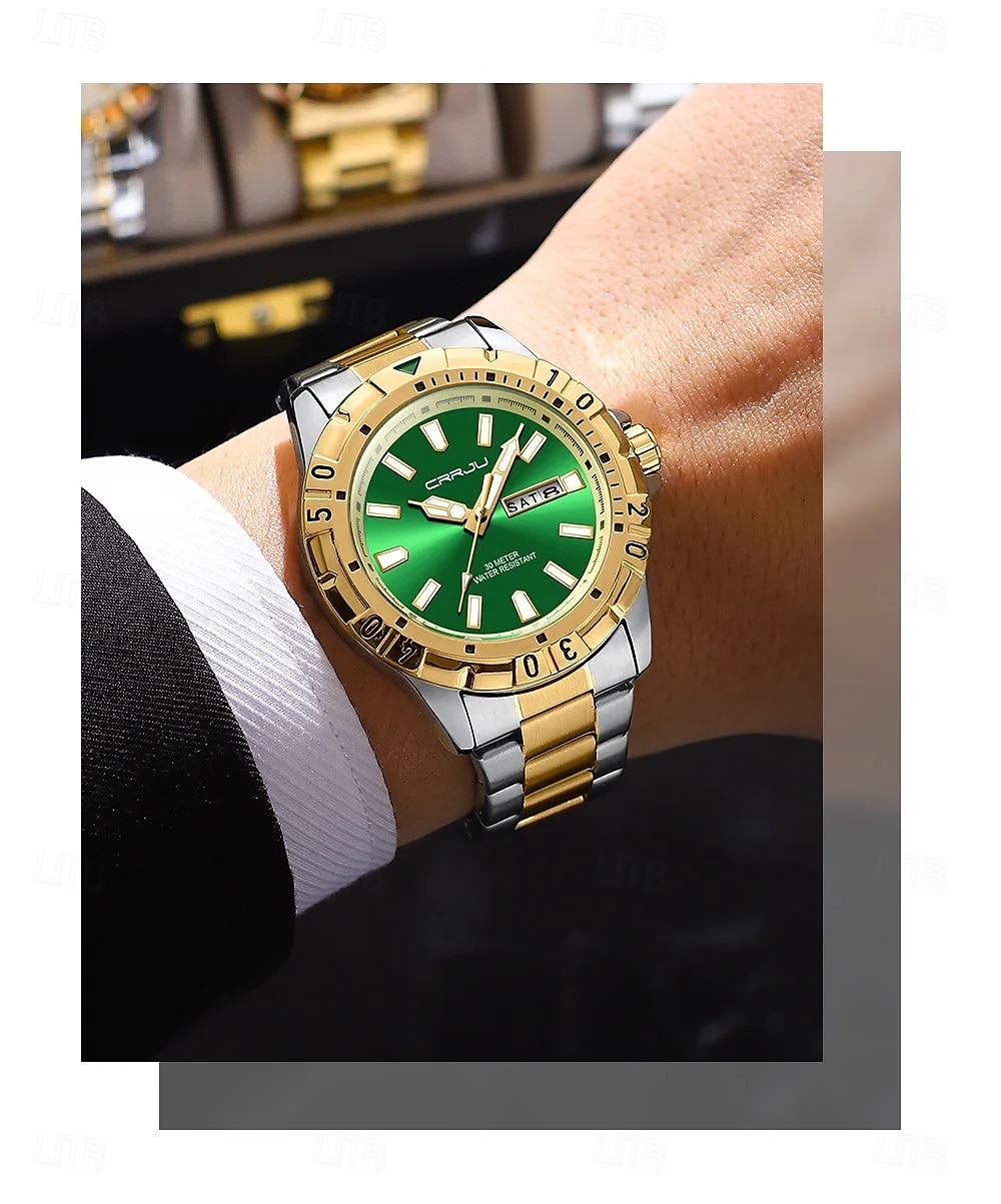 Crrju top original hommes montre à quartz vert montre étanche pour hommes en acier inoxydable quartz hommes montre de luxe montre-bracelet lumineuse de 2025 ? $28.99 –P6