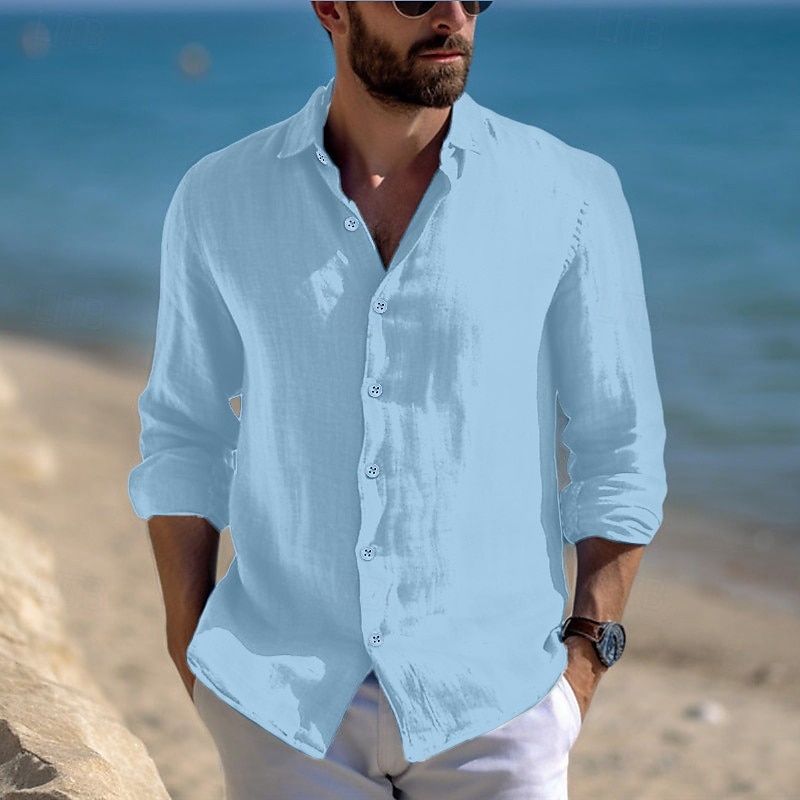 Men's Shirt Linen Shirt Summer Shirt Beach Wear Casual Shirt Button Up Shirt Plain Vacation Casual Black White Pink Blue Long Sleeve Lapel Spring & Summer Clothing Apparel 2025 - $23.99 –P9