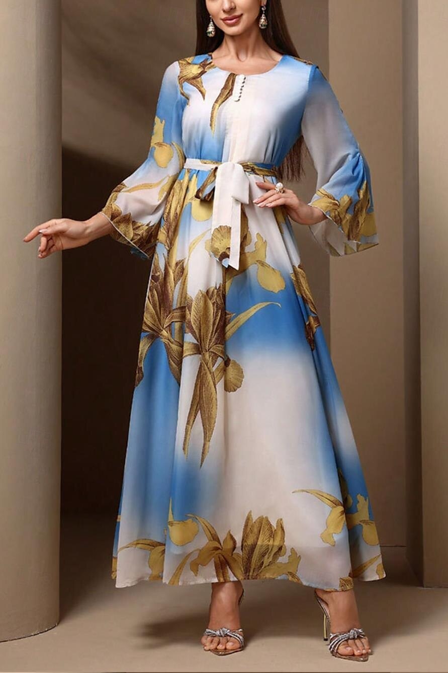 Pentru femei Rochie Lunga Rochie Maxi Rochie de epoca Rochie de Cocktail Rochie pentru invitata de nunta Rochii din Șifon Boho Zilnic Concediu Potrivire Largă Grafic Manșon Lung Stil Nautic Albastru 2025 - $74.99 –P1