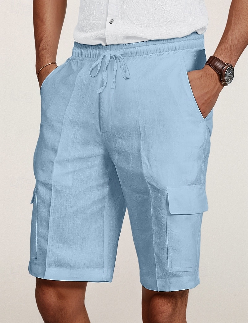 Men's Cargo Shorts Shorts Linen Shorts Summer Shorts Beach Shorts Drawstring Elastic Waist Multi Pocket Plain Knee Length Outdoor Casual Daily Vacation Casual Black White Inelastic 2025 - $22.99 –P7