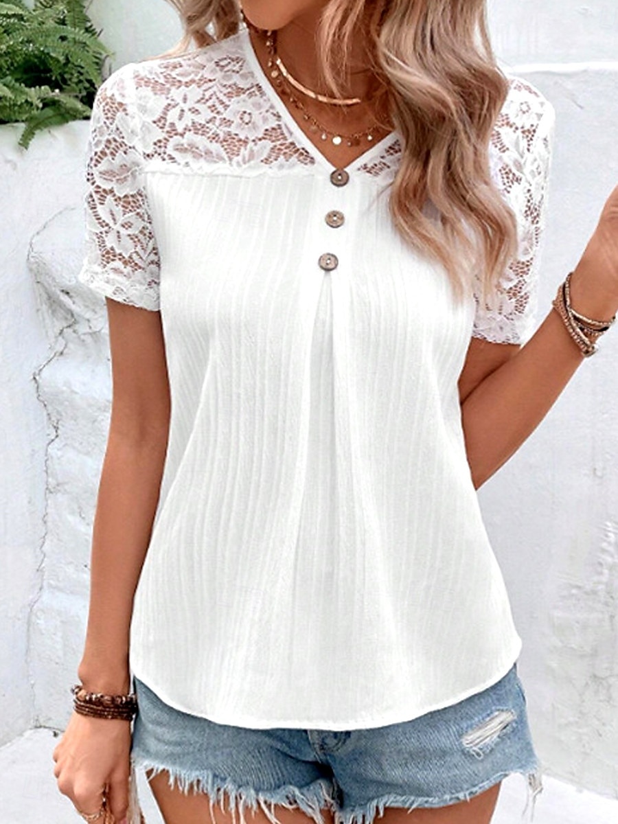 Wohnende weiße elegante Spitzenoberteile Augenbluse lässige einfarbige reguläre Oberteile Kurzarm V-Ausschnitt Spitzen-Patchwork-Buttons reguläre Passform täglicher weißer romantischer kleiner 2025 - $21.99 –P4