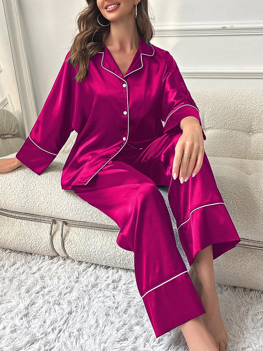 dames pyjama sets pure kleur mode comfort thuis dagelijks bed imitatie zijde zijde ademend revers lange mouw shirt broek knoop zak herfst thuis outfits 2025 - $27.99 –P20