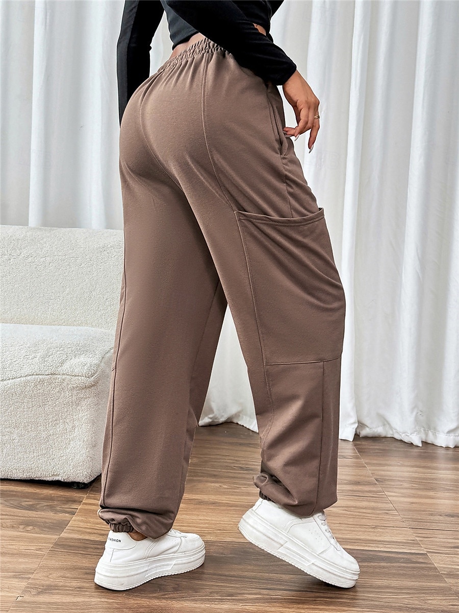 Women's Sweatpants Chinos Fashion Streetwear Full Length High Waist Plain Pocket Elastic Waistband Comfy Soft Comfortable Micro-elastic Outdoor Street Brown Fall Winter Regular Fit 2025 - $26.99 –P4