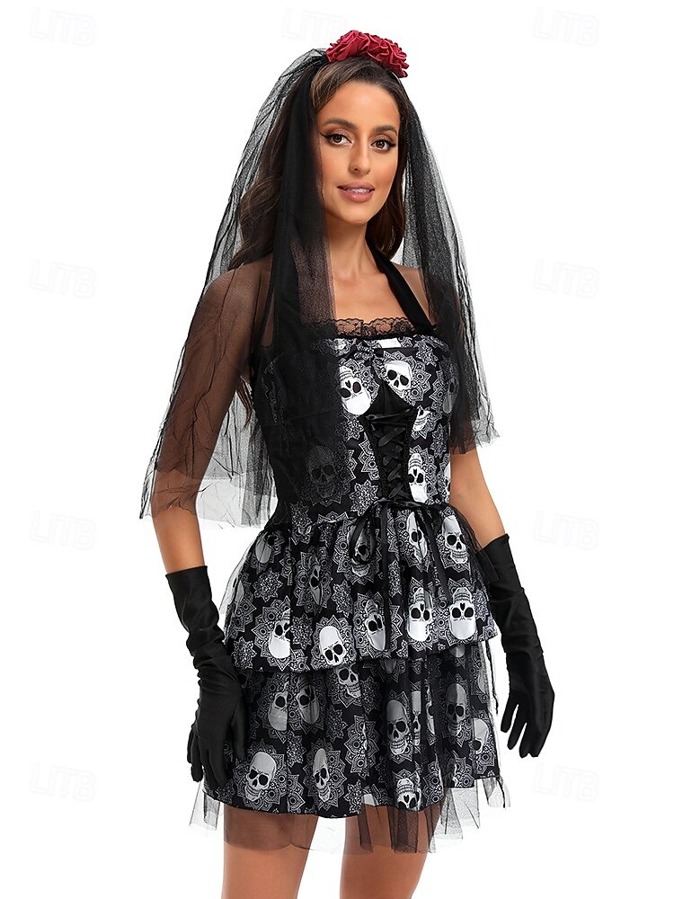open lace back dress Gothic Plus Size Colorful Ombre Skull Print Button A Line Dress with Removable Belt Black / 4X Plus Size main image 1