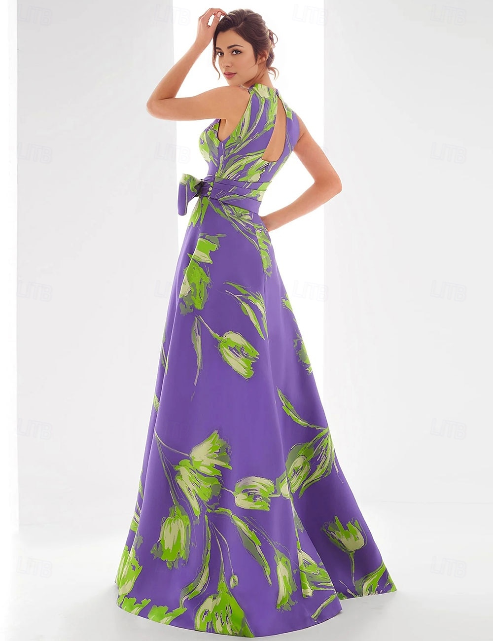 A-Linje Kveldsdrakt Elegant Kjole Formell Gulv Lengde Uten Ermer V Uten Ermer Sateng med Blomstertrykk Sløyfer Bryllupsgjest Kjole 2025 - $179.99 –P2