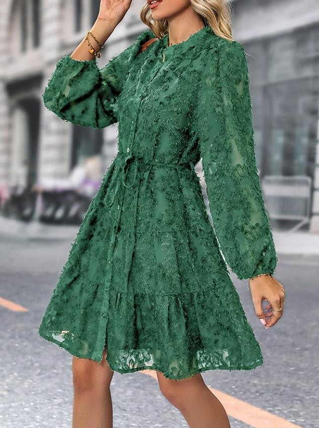 Per donna Abito semplice Vestito longuette Pizzo Pulsante Vintage Informale Colletto Manica lunga Nero Bianco Verde Colore del 2025 a $41.99 –P13