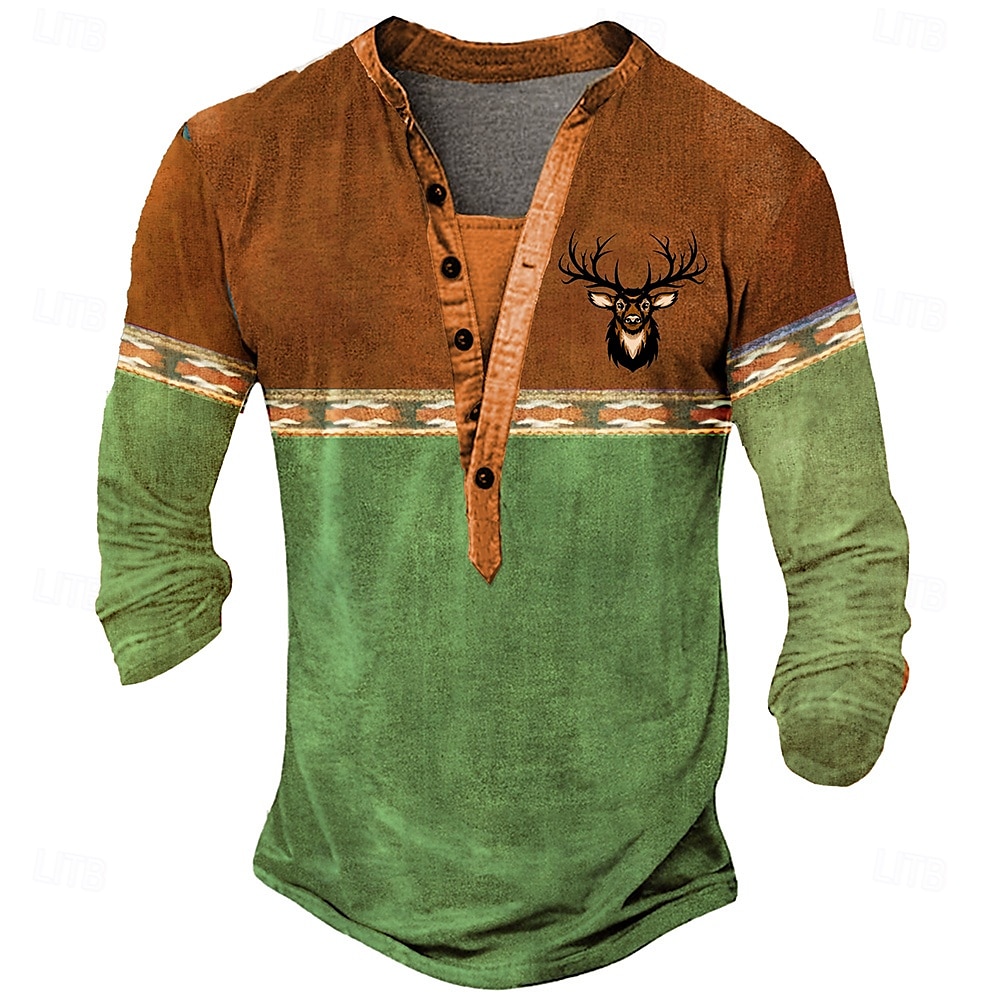 Męskie Oktoberfest Jeleń Koszula Henley Długi rękaw drukowanie 3d Sport Moda Codzienny Ulica Codzienny Zima Wiosna i jesień Niebieski Brązowy Zielony Henley Koszulka Henley 2025 - $22.99 –P4