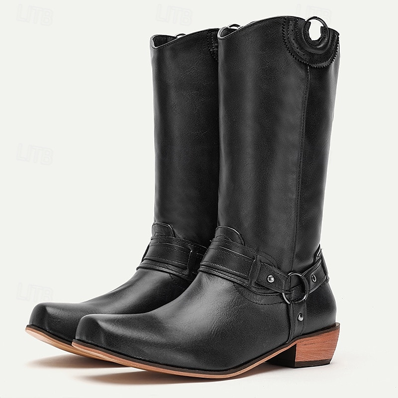 Botas de motociclista estilo western de piel sintética marrón para hombre: estilo clásico con detalle de arnés para uso ecuestre y casual 2025 - $59.99 –P7