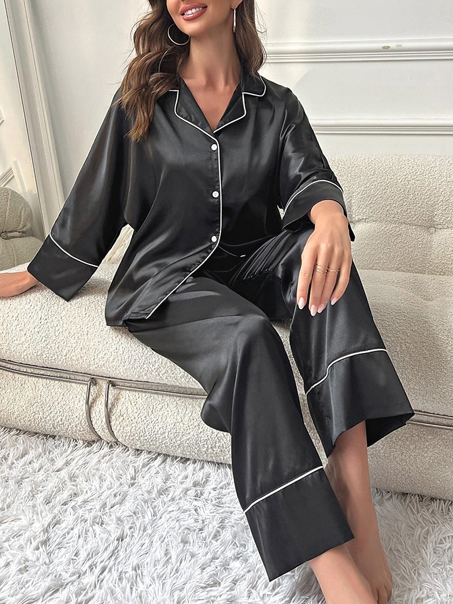dames pyjama sets pure kleur mode comfort thuis dagelijks bed imitatie zijde zijde ademend revers lange mouw shirt broek knoop zak herfst thuis outfits 2025 - $27.99 –P7