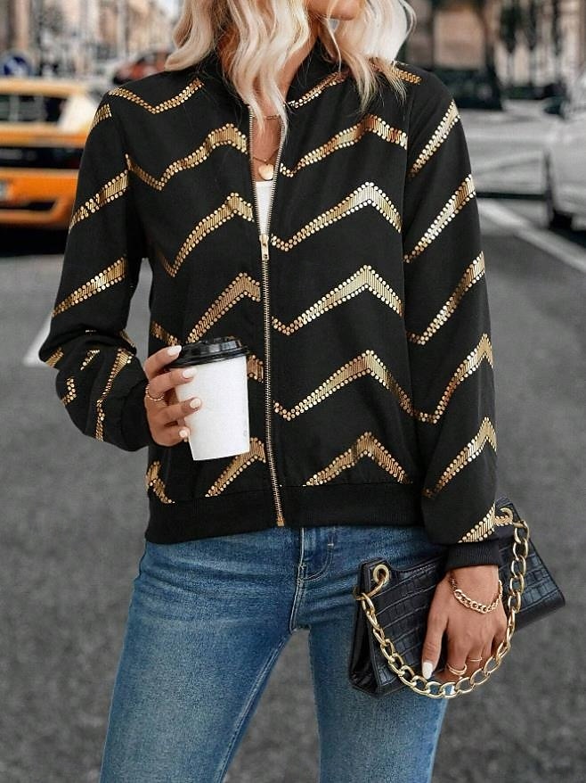 Women's Jacket Dailywear Zipper Geometric Windproof Vintage Regular Fit Outerwear Long Sleeve Spring Black S 2025 - $41.99 –P3