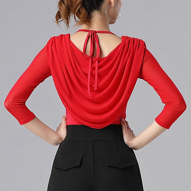Ballroom Dance Activewear Top Ruffles Pure Color Splicing Women's Performance Training 3/4 Length Sleeve High Nylon 2025 - $30.99 –P3