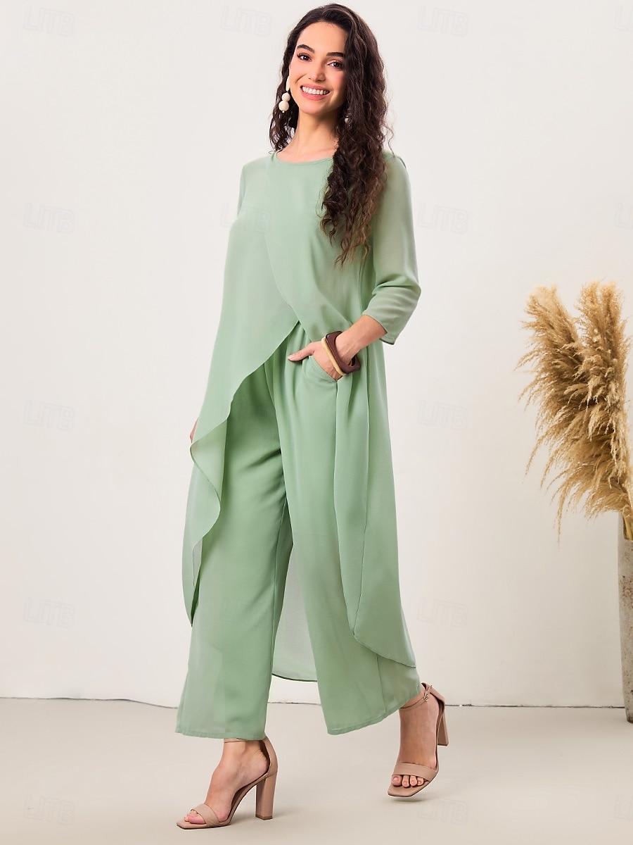 Women's Elegant Stylish Work Slim Solid Color Plain 3/4 Length Sleeve Crew Neck Sage Green Summer Spring Fall 2025 - $56.99 –P4