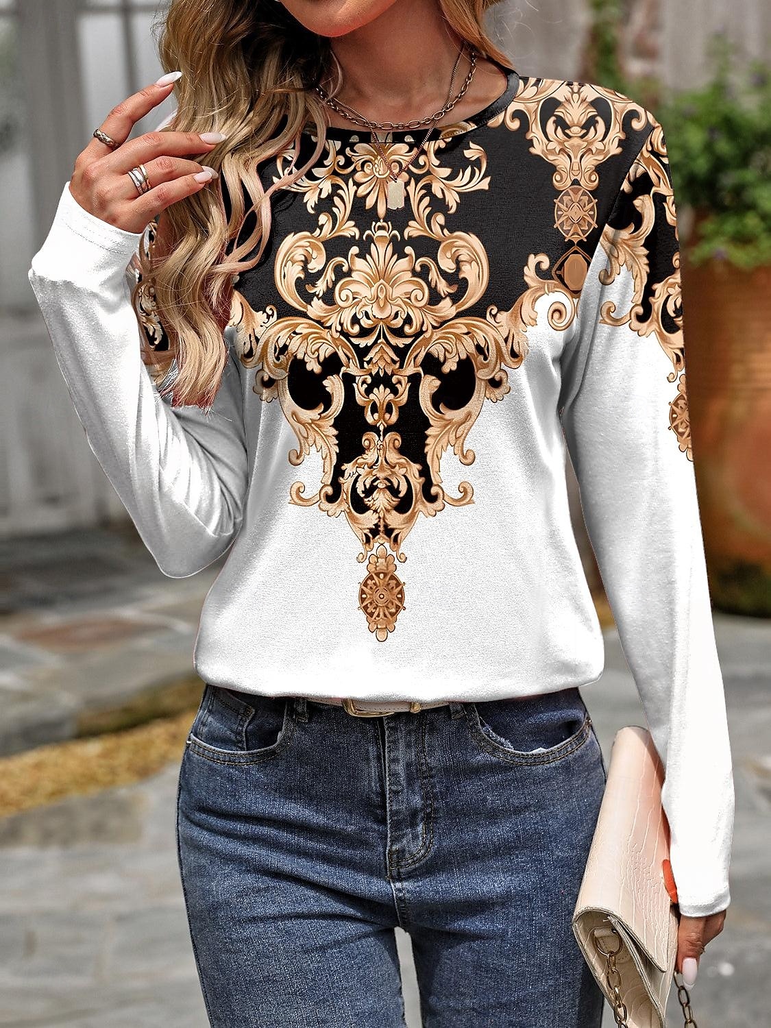 T-shirt pour femmes à impression casual tops réguliers quotidien noir blanc rose poussiéreux violet printemps automne de 2025 ? $22.99 –P4