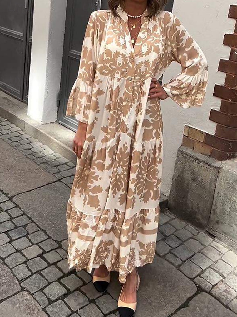 dámské šaty na směnu grafický potisk košile límeček maxi šaty elegantní stylové denní dovolená dlouhý rukáv léto jaro 2025 - $39.99 –P5