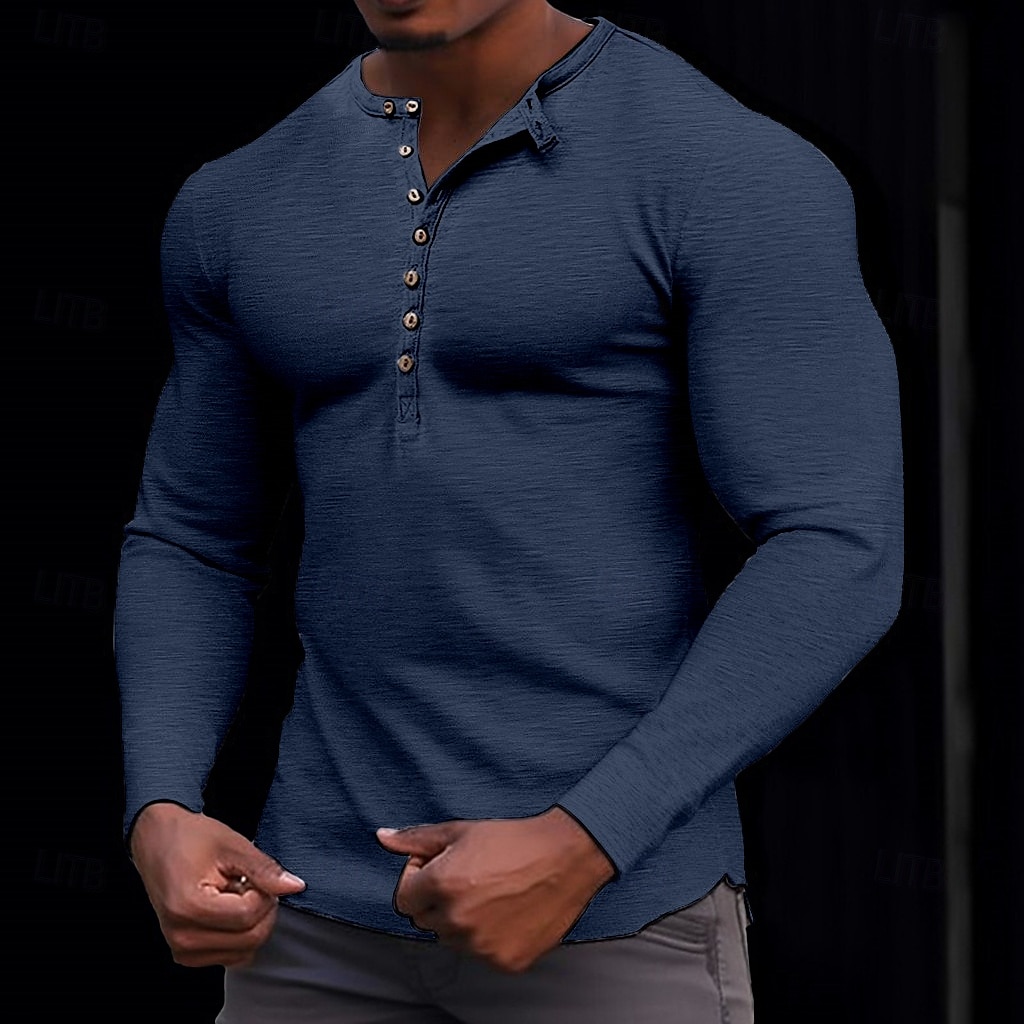 100% bawełniana męska koszulka henley koszulka z długim rękawem koszula z długim rękawem jednolity kolor modny codzienny guziki henley outdoor casual lato ciemnobrązowy wojskowa zieleń ciemnoszary henley t-shirt 2025 - $22.99 –P12