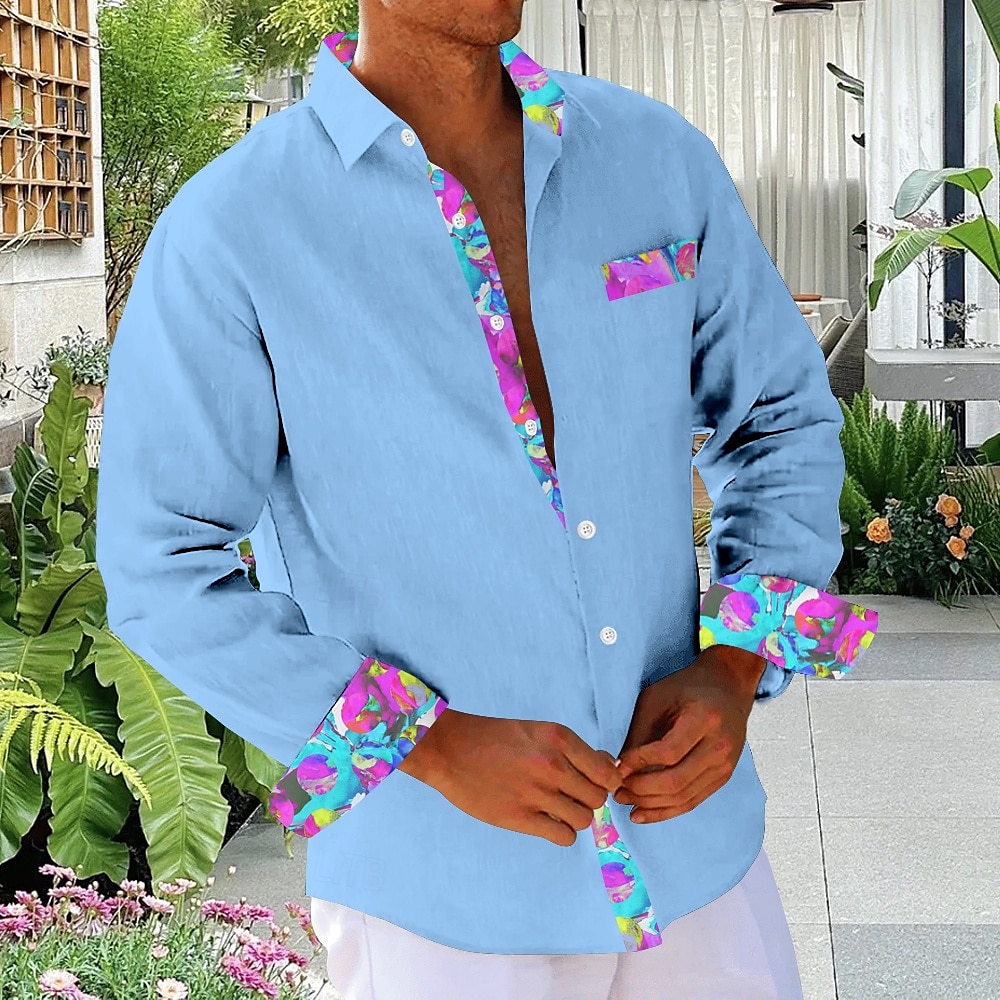 Herren Blumen Tropische Blumen Strandhemd Hawaiihemd Sommerhemd Knopfhemd Langarm Hemd Hemden mit Kragen Hawaiianisch Urlaub Täglich Weiß Gelb Blau S M L 2025 - $26.99 –P1