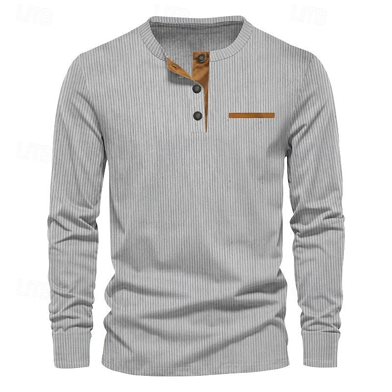 Herren T-Shirt mit Knöpfen T Shirt Cordhemd Henley Hemd Langarm Henley Frühling & Herbst Einfach Mode Designer Basic Urlaub Straße Ausgehen Schwarz Wein Braun Top T-Shirt für Herren 2025 - $23.99 –P8