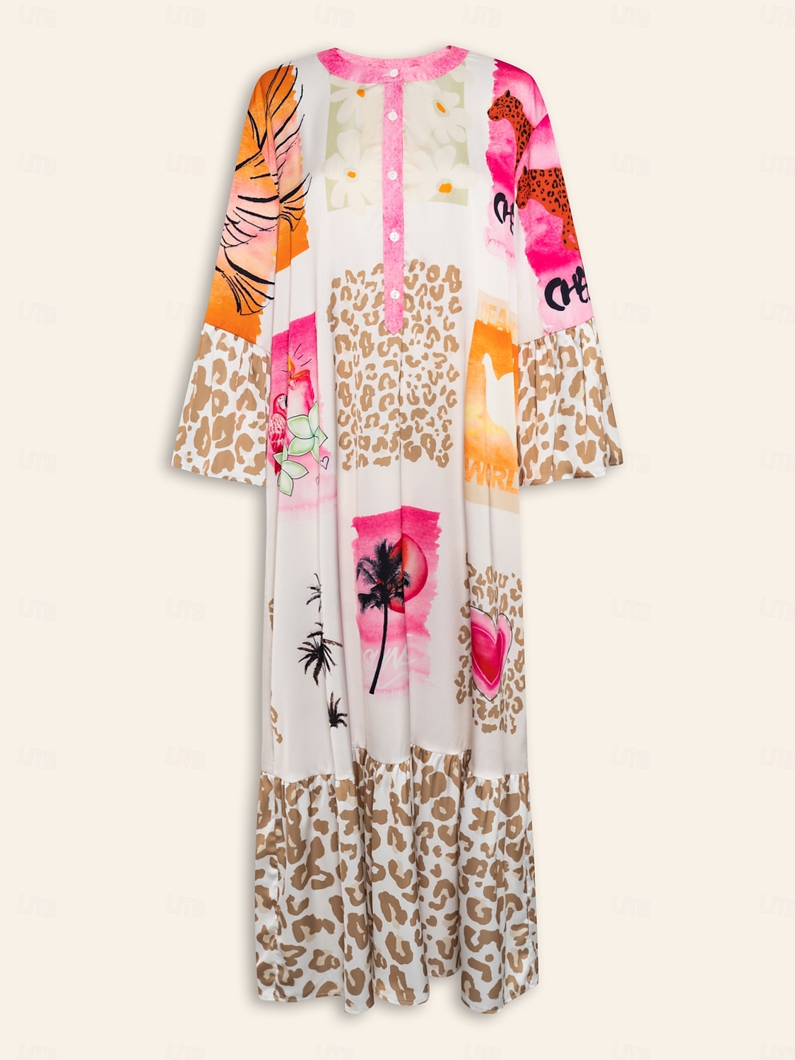 Robe longue décontractée à col ras du cou et à boutons en satin imprimé léopard de 2025 ? $68.99 –P10