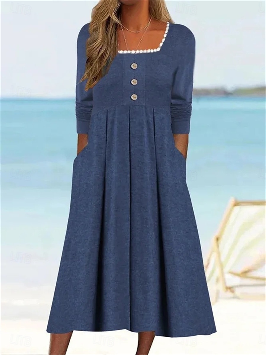 Damen Casual kleid Midikleid Patchwork Taste Urlaub Strassenmode Basic Quadratischer Ausschnitt 3/4 Ärmel Schwarz Weiß Wein Farbe 2025 - $41.99 –P3
