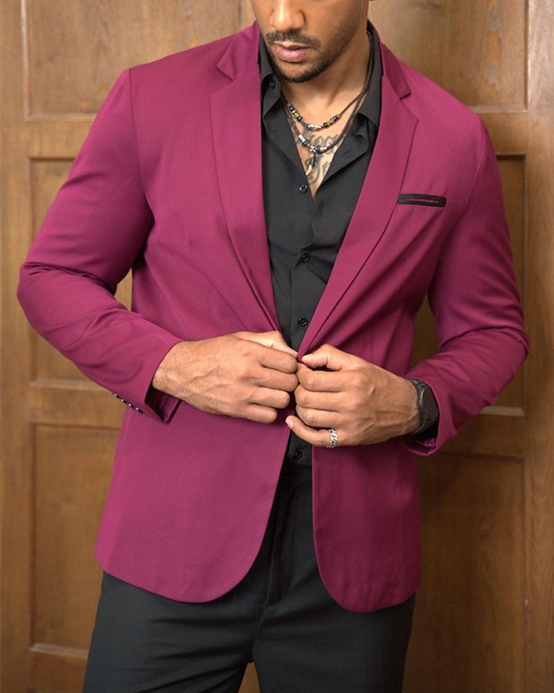 Herr Kavaj Företag Cocktailfest Bröllopsfest Mode Ledigt Vår & Höst 65% bomull Färgblock Knapp Ficka Bekväm Enkelknäppt Blazer Vinröd 2025 - $57.99 –P5